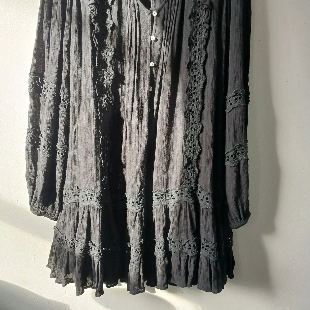 Free People Size Small Snow Angel Mini Dress Black Long Sleeve‎ Bohemian Slip - Picture 4 of 13